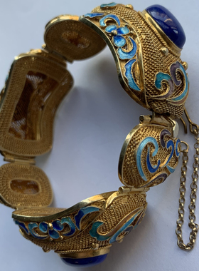创汇时期七八十年代银花丝鎏金烧蓝镶嵌原矿阿富汗青金石手镯手链