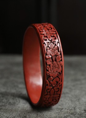 民国时期百年全品老剔红雕漆花卉纹饰手镯古董雕漆镯子孤品一件