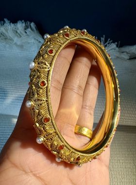 宫廷版纯手工制作银花丝鎏金镶嵌纯天然珍珠和玛瑙手镯老工艺