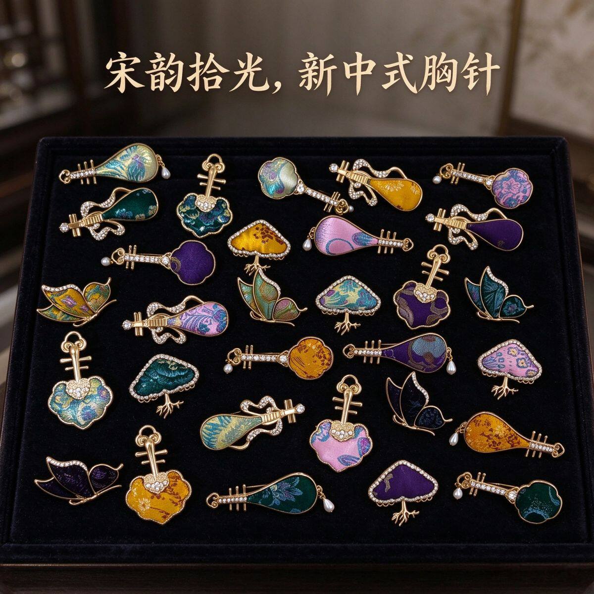 新中式宋锦刺绣汉服胸针