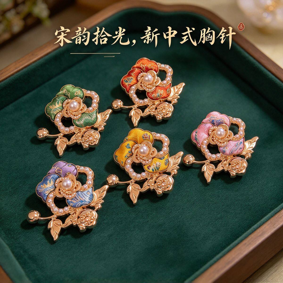 新中式非遗织锦珍珠镶钻胸针