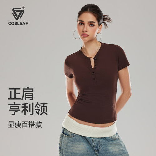 科里芙亨利领短袖显瘦瑜伽T恤女