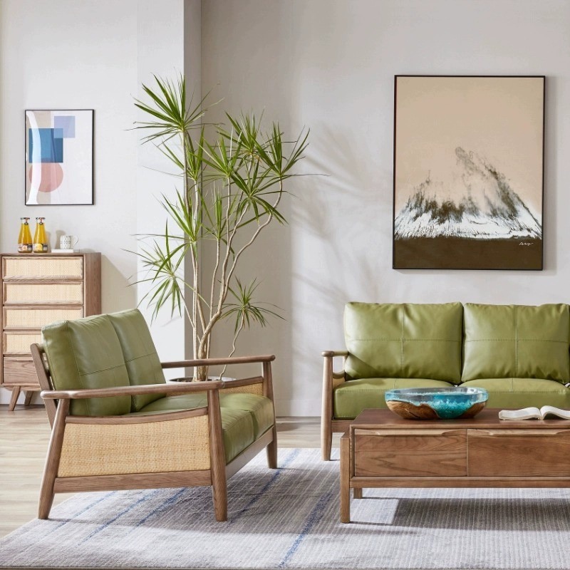 编藤沙发小户型绿色侘寂风日式