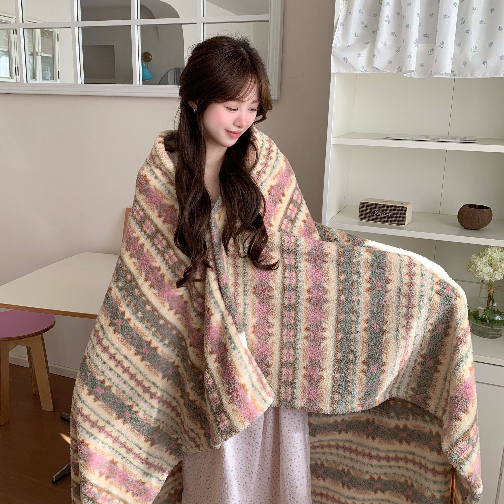 ins韩系条纹加厚冬季午睡毛毯