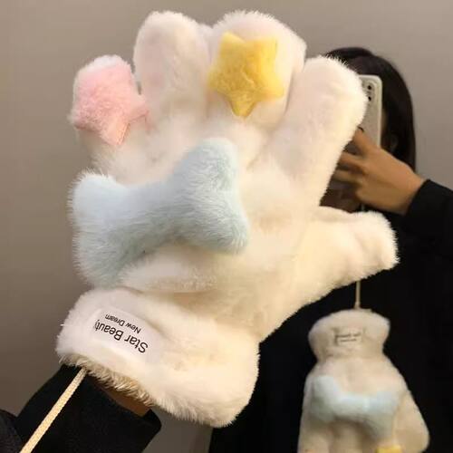卡通星星小骨头五指手套女冬季可爱毛绒加厚保暖挂脖骑行防风防寒