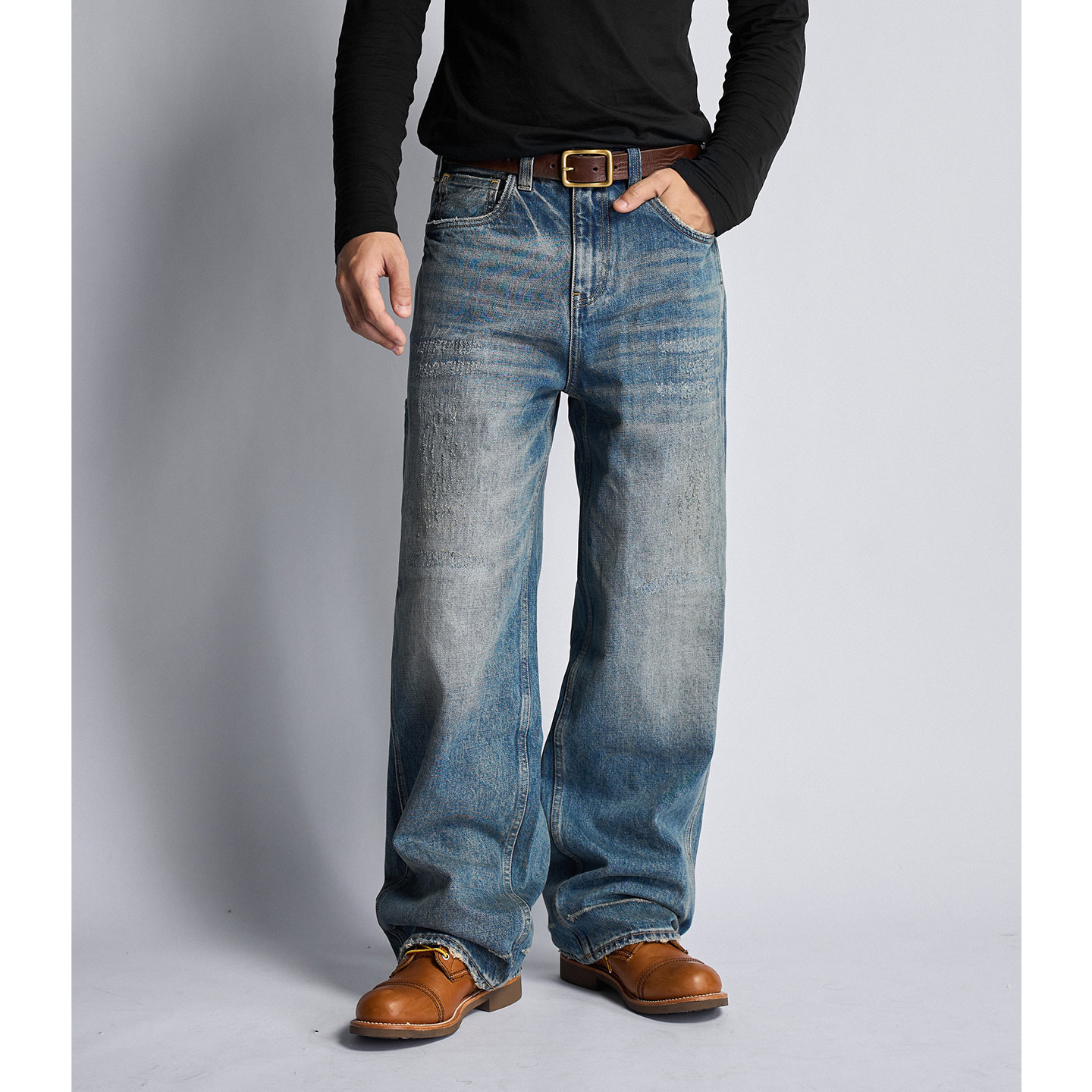 dokie[狗啃]25秋冬男士15盎司休闲水洗磨破宽松直筒下装牛仔裤子,男装,牛仔裤,淘宝优惠券,粉丝福利购,淘宝优惠卷