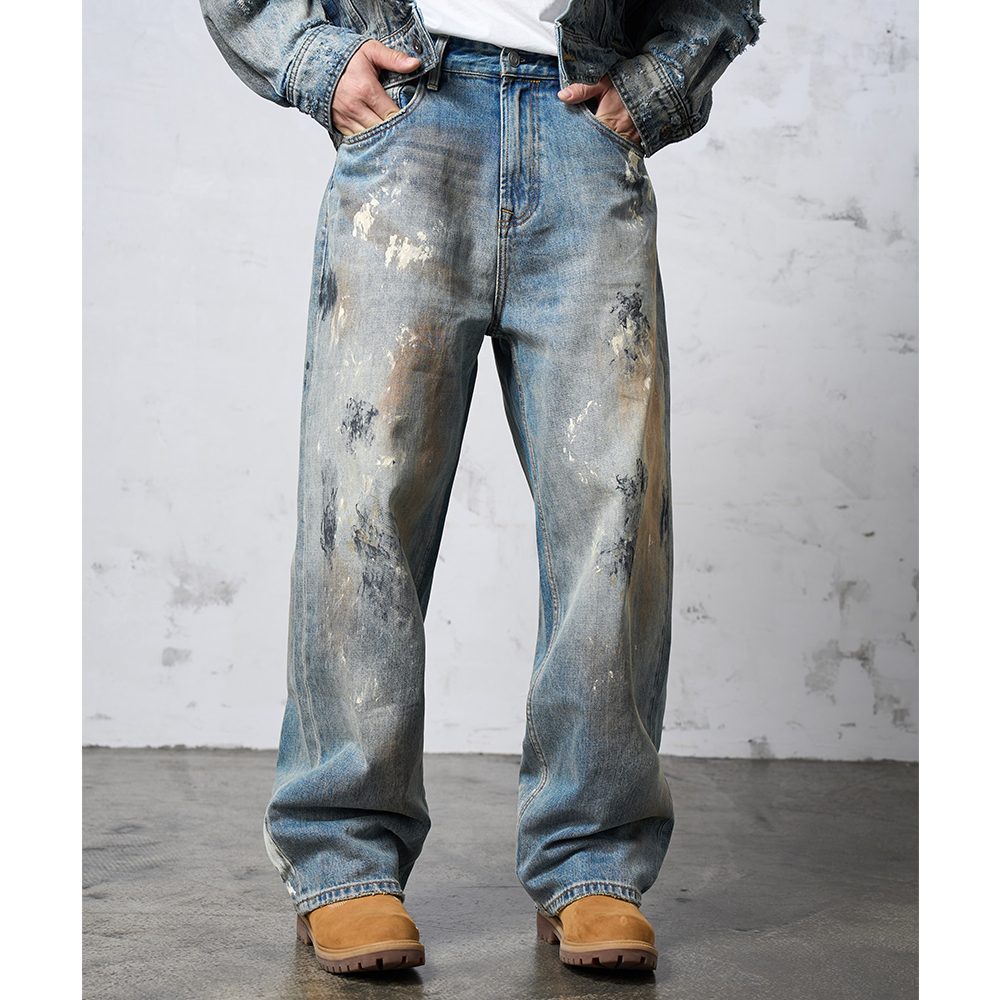 DOKIE拉链长款擦色泼墨秋牛仔裤