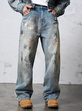 DOKIE[鸟屎]高端美式复古水洗做旧擦色泼墨直筒宽松阔腿牛仔裤潮