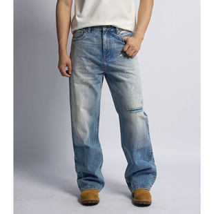 Dokie[南半球]早春新品15盎司003版型水洗直筒宽松破洞牛仔裤男