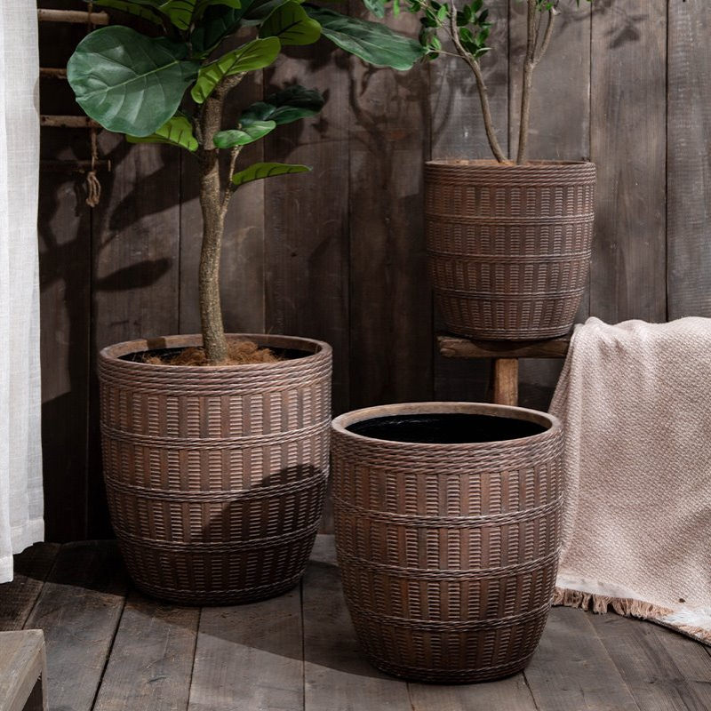 藤编篮子器型大口径镁泥花盆带滚轮托盘落地盆散尾葵孔雀木琴叶榕