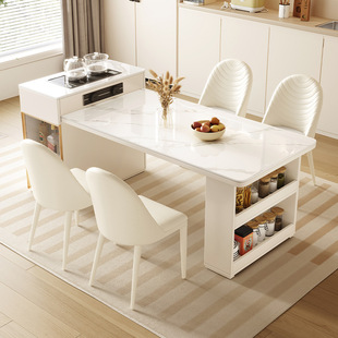 轻奢风家用大岛台餐桌一体式可伸缩现代简约风岩板吃饭泡茶台餐桌