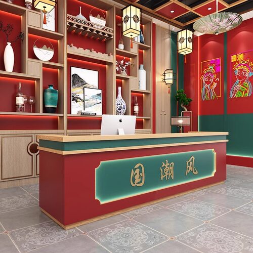 国潮风火锅店收银台中式棋牌民宿吧台餐饮烧烤饭店酒柜接待台