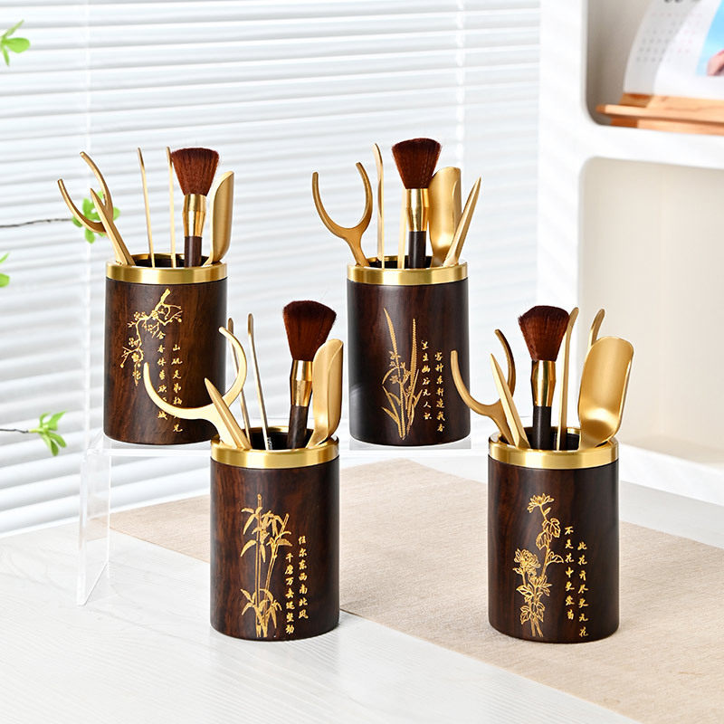 黑檀木茶道六君子套装家用茶台功夫泡茶铜木配件6君子茶筒茶勺批