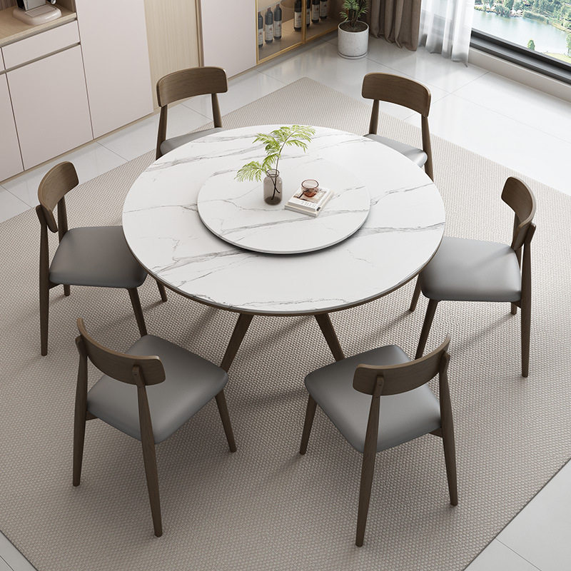 岩板实木圆形餐桌椅组合带转盘家用白蜡木实木圆桌胡桃木色餐桌