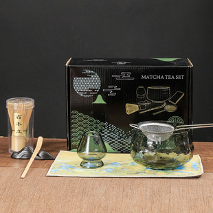 日式玻璃抹茶茶具套装搭配彩盒茶筅抹茶碗茶筅立百本立茶拨整套