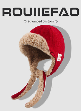 安可拉红色毛绒系带雷锋帽子女秋冬加绒加厚保暖护耳帽防寒飞行帽