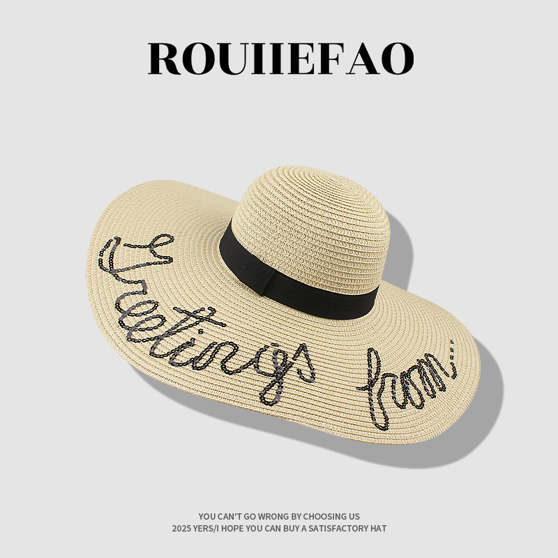 ROUIIEFAO草帽亮片字母大帽檐