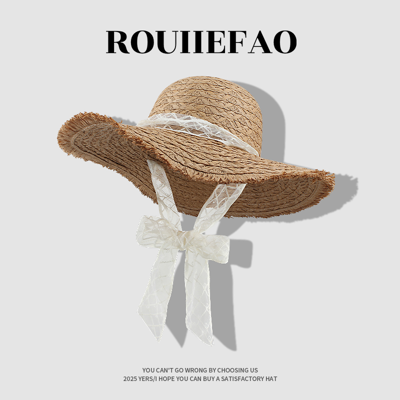 ROUIIEFAO草帽大帽檐蕾丝系带