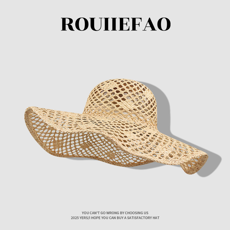 法式手工编织镂空拉菲草帽女夏季海边度假大檐遮阳帽防晒沙滩帽子