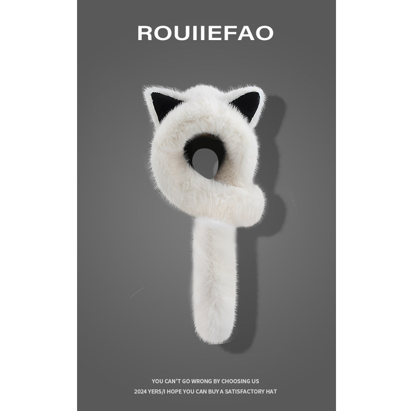 2025新款可爱狐狸耳朵毛绒帽子围巾一体冬季保暖防寒护耳雷锋帽女