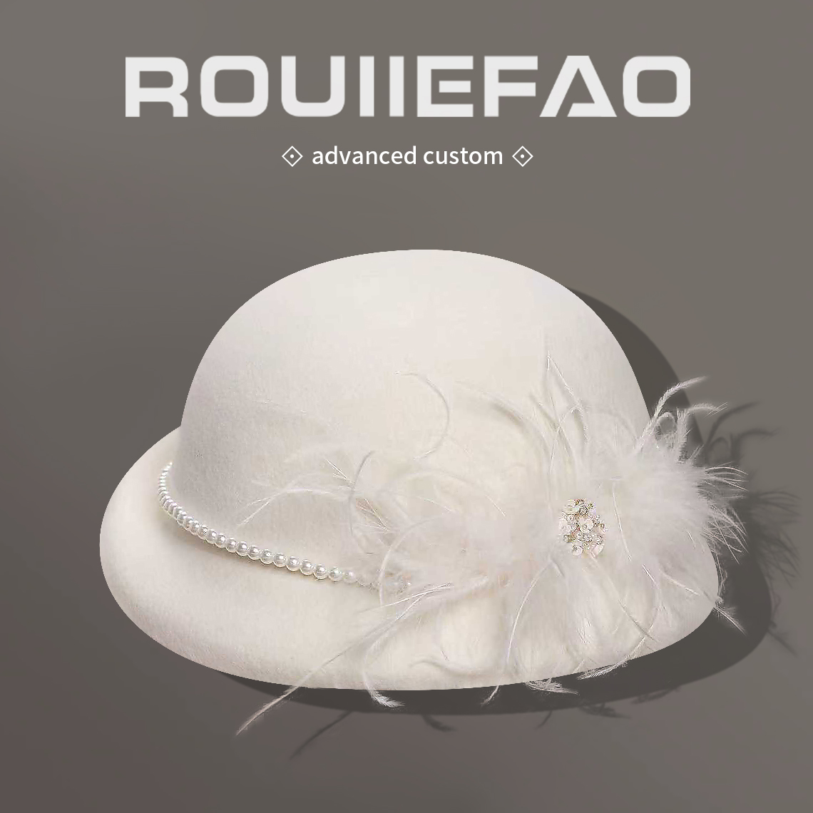 法式千金风珍珠鸵鸟毛贝雷帽女秋冬复古显脸小羊毛呢卷边小礼帽子