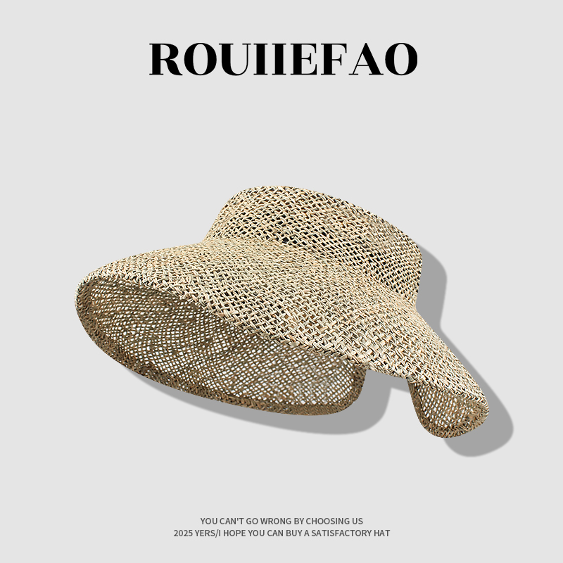 手工编织天然咸草空顶帽子女夏季海边度假沙滩帽防晒遮阳大檐草帽