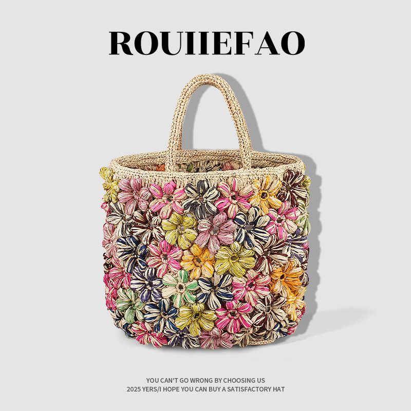 彩色立体泡芙花朵拉菲草包包女手工编织草编手提包海边度假沙滩包