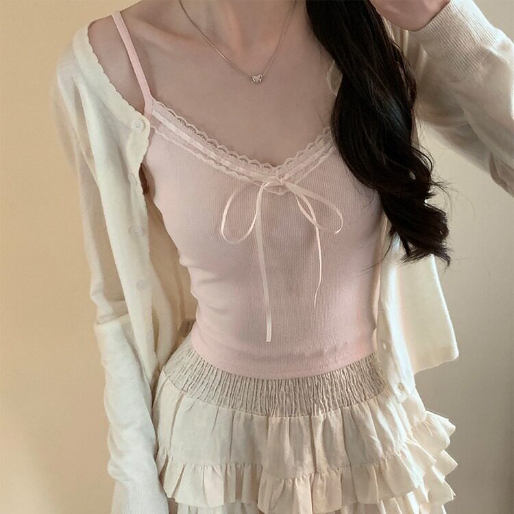 纯欲蕾丝花边背心甜美打底辣妹蝴蝶结胸垫修身吊带设计感无袖上衣