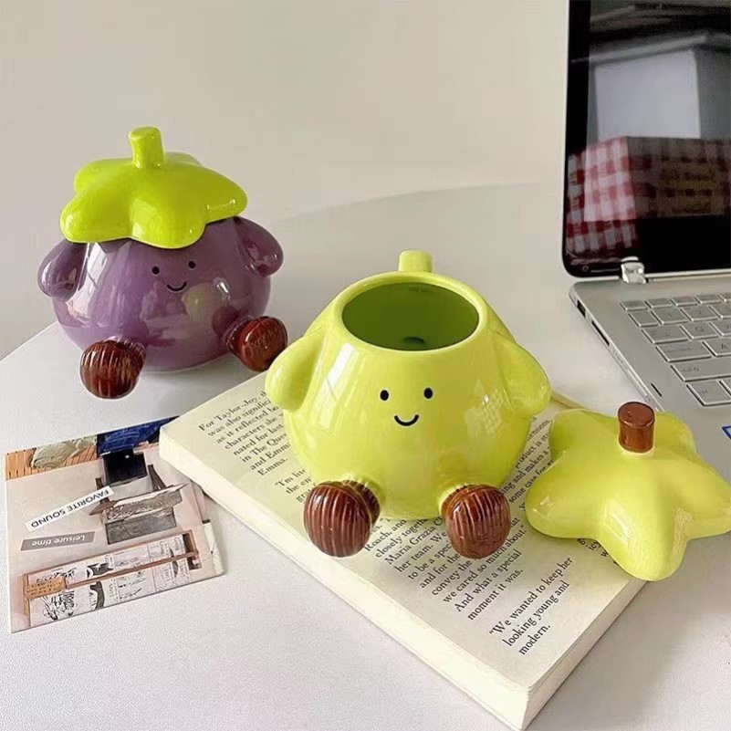 生日礼物送男生可爱短腿茄子笑脸陶瓷马克杯子情侣闺蜜一对带盖勺