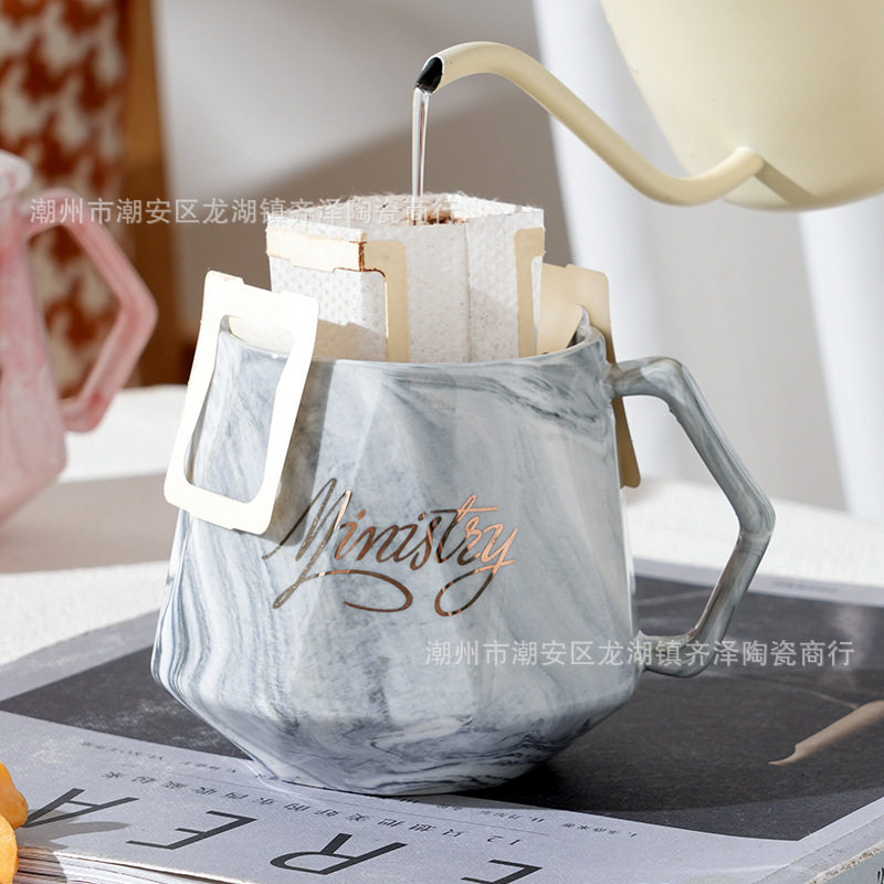 简约大理石纹陶瓷杯带盖