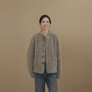 小禾【摩卡】100羊毛简约休闲小立领矜贵休闲短款羊羔毛外套女
