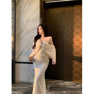 纯欲鱼尾长裙紧身收腰包臀裙子 法式 杏色无袖 抹胸连衣裙女秋季 修身