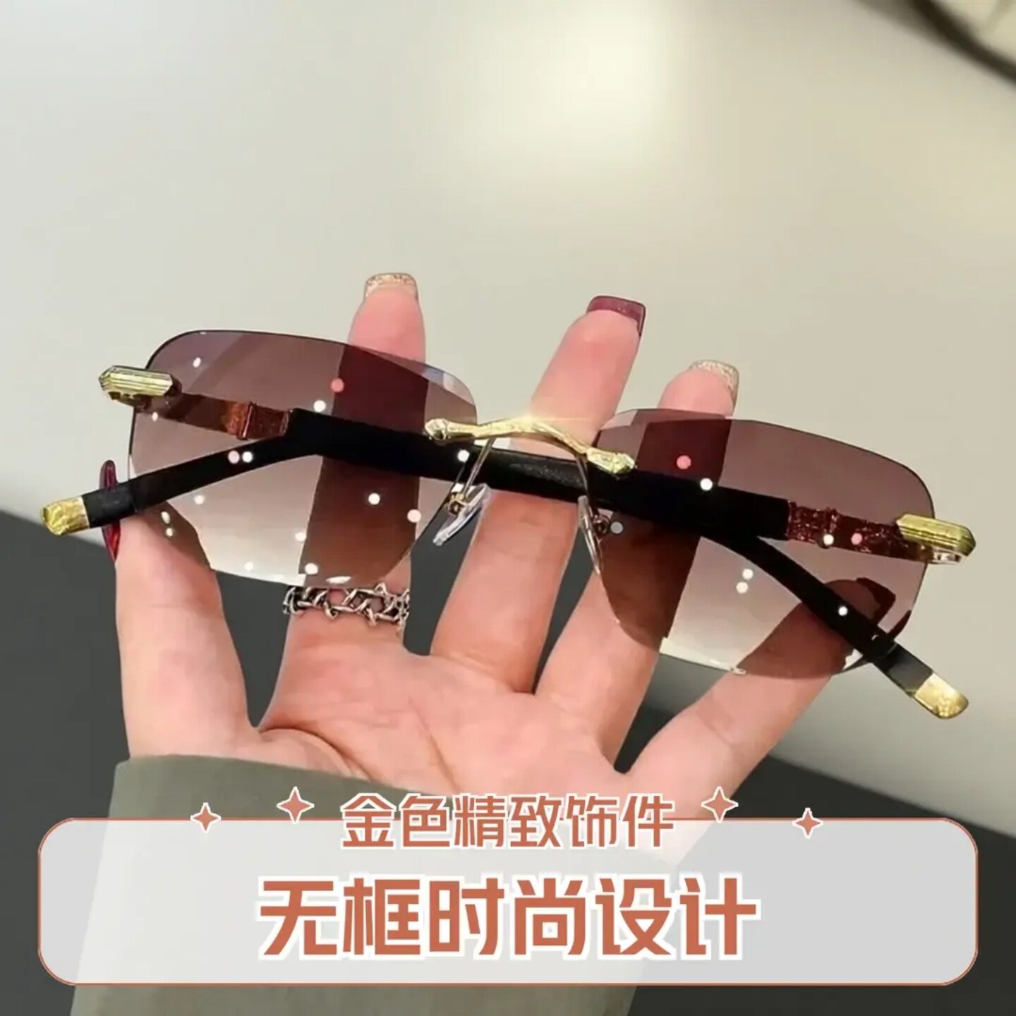 中老年高档无框时尚设计老花镜金色精致饰件高清护目防蓝光眼镜