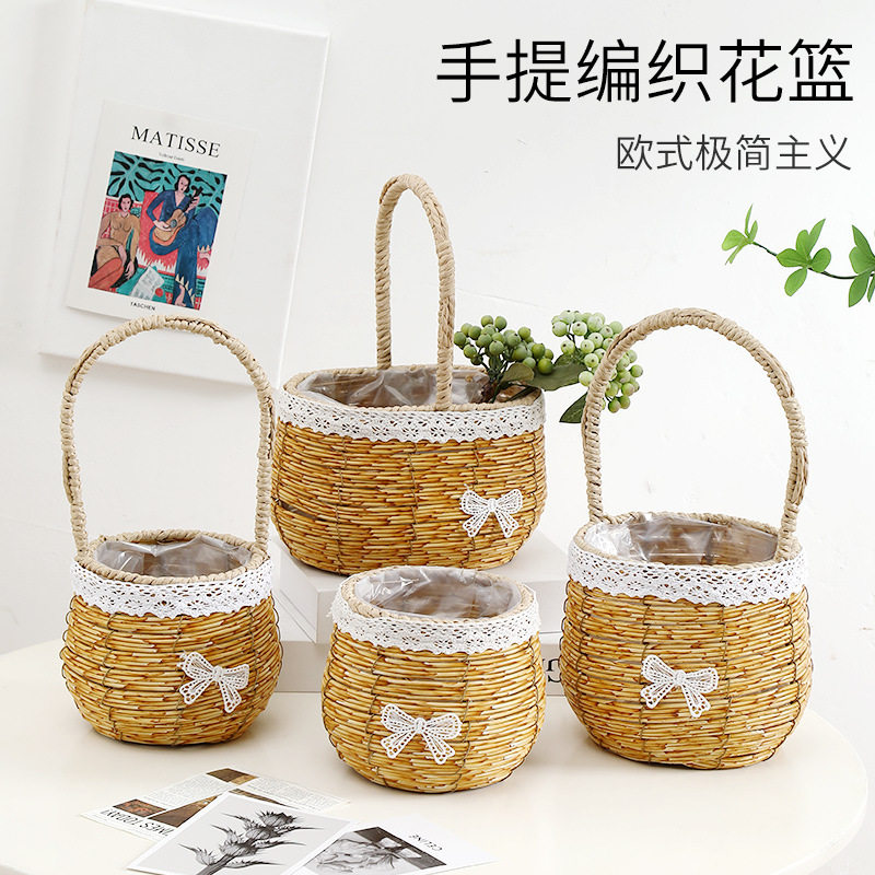 仿藤编蝴蝶结花篮花店鲜花干花插花篮
