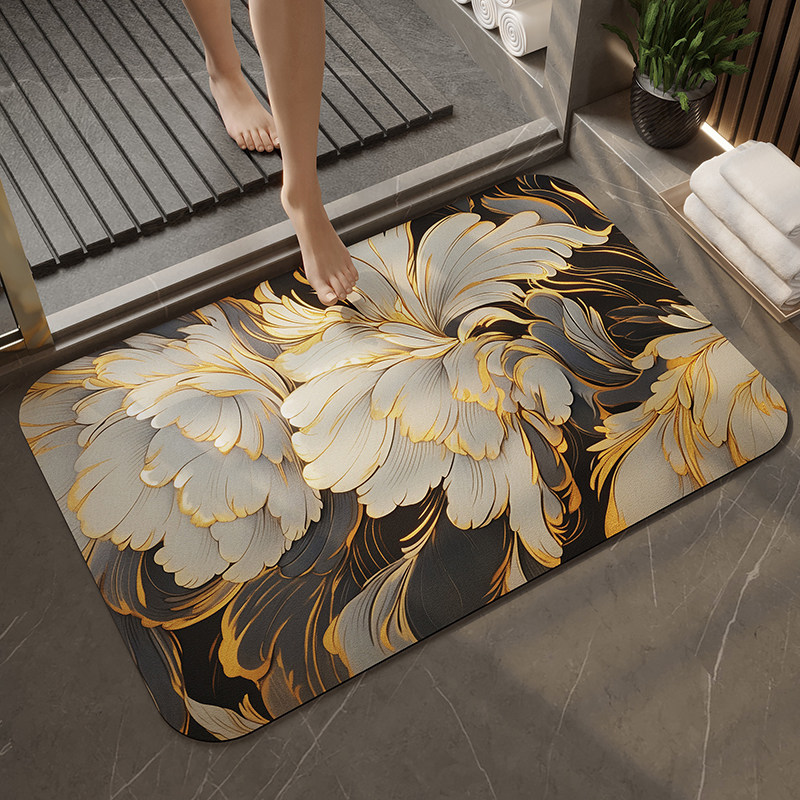 新中式富贵花朵软硅藻泥浴室吸水地垫家用卫生间门口速干防滑脚垫