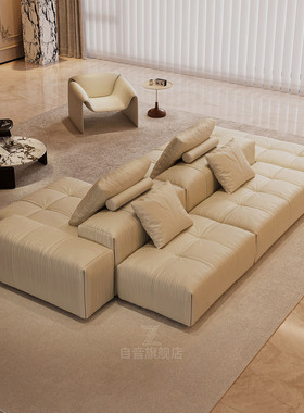 双面背靠背米色真皮沙发横厅不靠墙saba像素奶油风2025新款高端