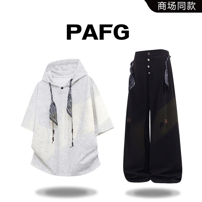 PAFG复古连帽短袖T恤套装男2026夏季新款丝巾设计感休闲裤两件套