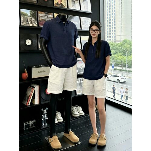 VALVOELITE天丝亚麻套装男款夏季老钱风短袖polo衫短裤松弛感一套
