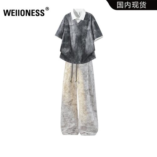 WEIIONESS美式扎染短袖T恤套装男夏季宽松假两件设计感轻奢两件套
