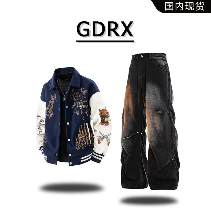 GDRX重工刺绣男士棒球服套装秋冬保暖季痞帅设计宽松休闲轻奢男装