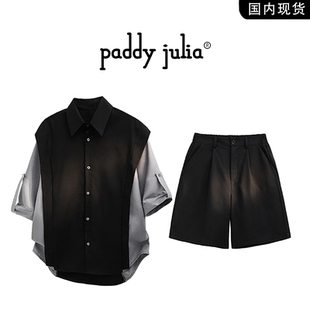 Paddy julia美式假两件短袖衬衫套装男款夏季拼接撞色短裤两件套