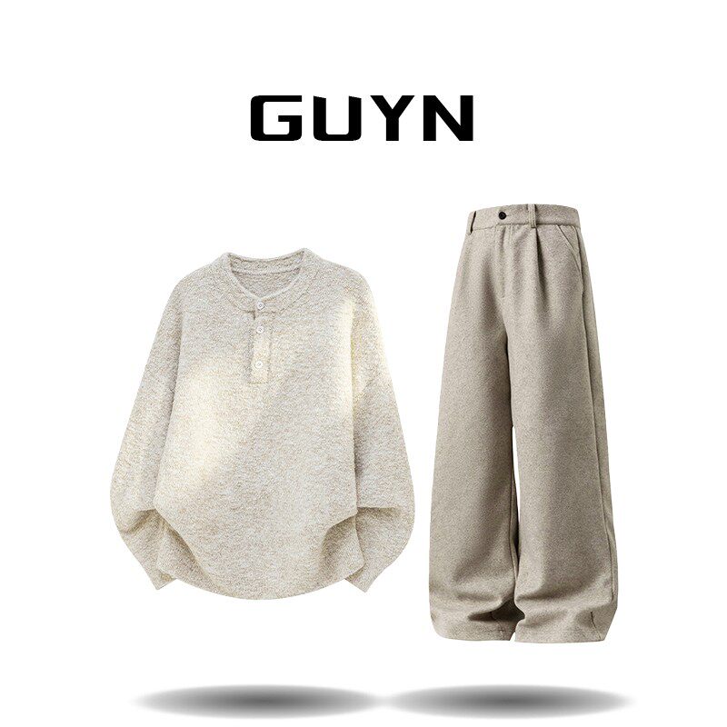 品牌现货】GUYN春秋季针织衫毛衣套装男士美式显高直筒休闲裤男装