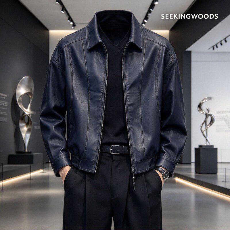 SEEKINGWOODS男士短款牛仔外套秋季新款翻领双拉链夹克百搭上衣