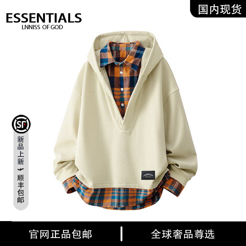 ESSENTIALS LNNISS  情侣港风INS假两件格子休闲宽松连帽卫衣