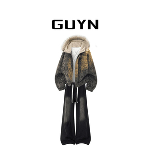 品牌现货】GUYN美式轻奢潮流连帽复古感棉服套装冬季新款牛仔裤男