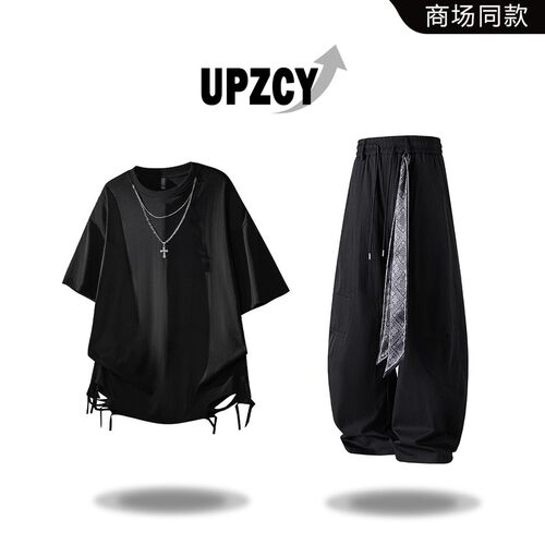 UPZCY美式潮流嘻哈短袖T恤男士夏季设计感休闲时尚痞帅男装两件套