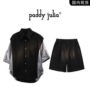 Paddy julia美式假两件短袖衬衫套装男款夏季拼接撞色短裤两件套