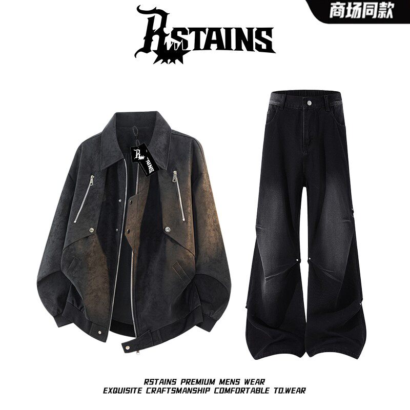 RSTAINS潮牌美式秋季男士皮衣夹克套装痞帅高街铆钉牛仔裤两件套