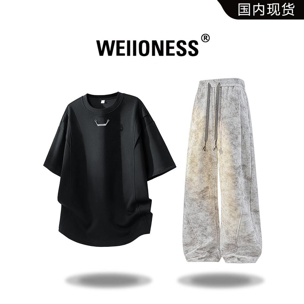WEIIONESS高街短袖T恤套装男春夏高级感时尚两件套百搭痞帅男装