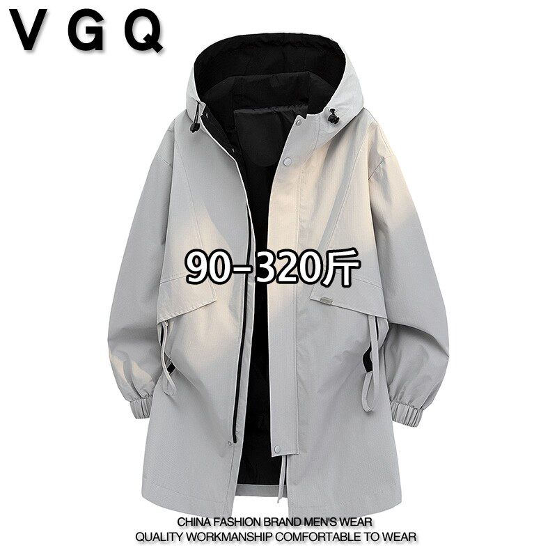 VGQ男士中长款夹克2026春装加肥加大码高级感百搭连帽外套上衣服